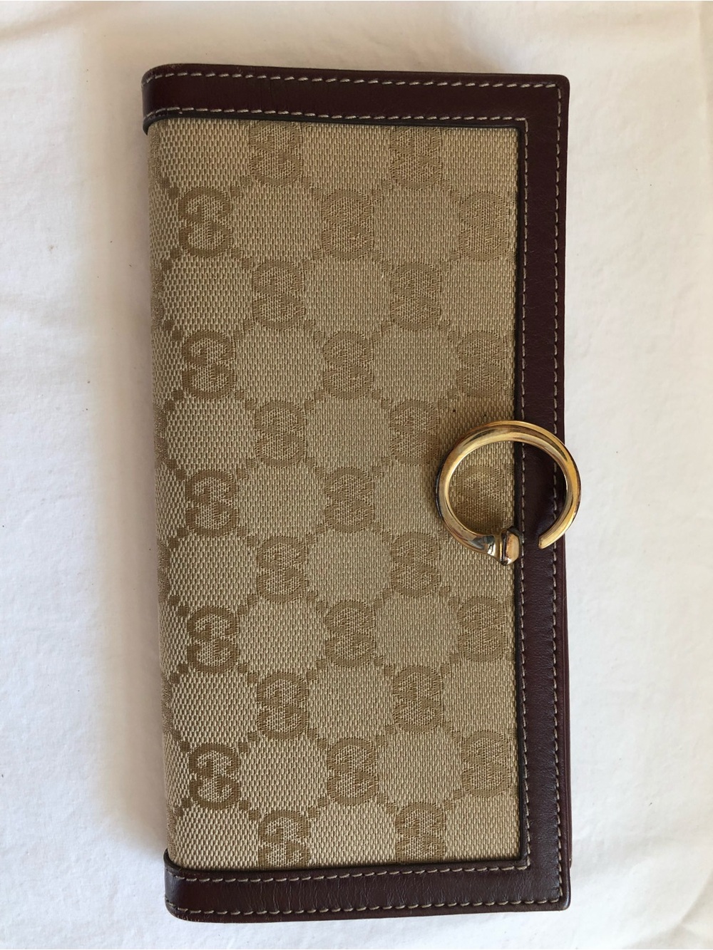 Authentic Vintage Gucci Beige GG Canvas Continental Wallet - Dark Brown Trim